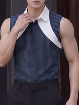 Men's High-End Urban Casual Contrast Panel Pinstripe Sleeveless Button-Up Shirt SKUL78279