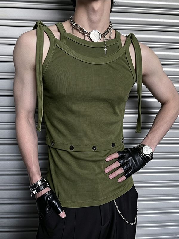 Men's Avant-Garde Multi-Strap Tie Shoulder Button Decor Fit Ribbed Tank SKUL74520