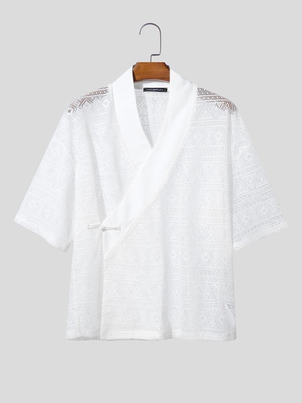 Men's Solid Color Lace Asymmetric Placket Half Sleeve Shirt SKUL56292