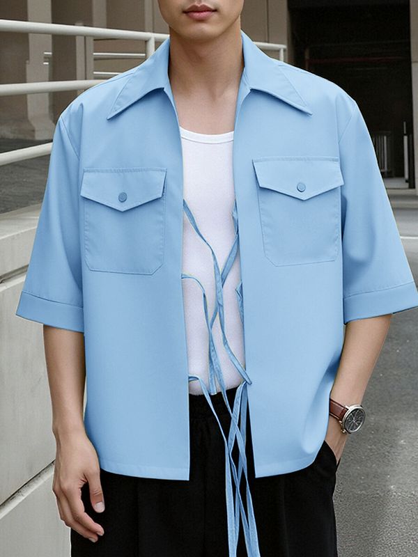 Men's Tie Patchwork Pocket Short Sleeve Shirt SKUL41241