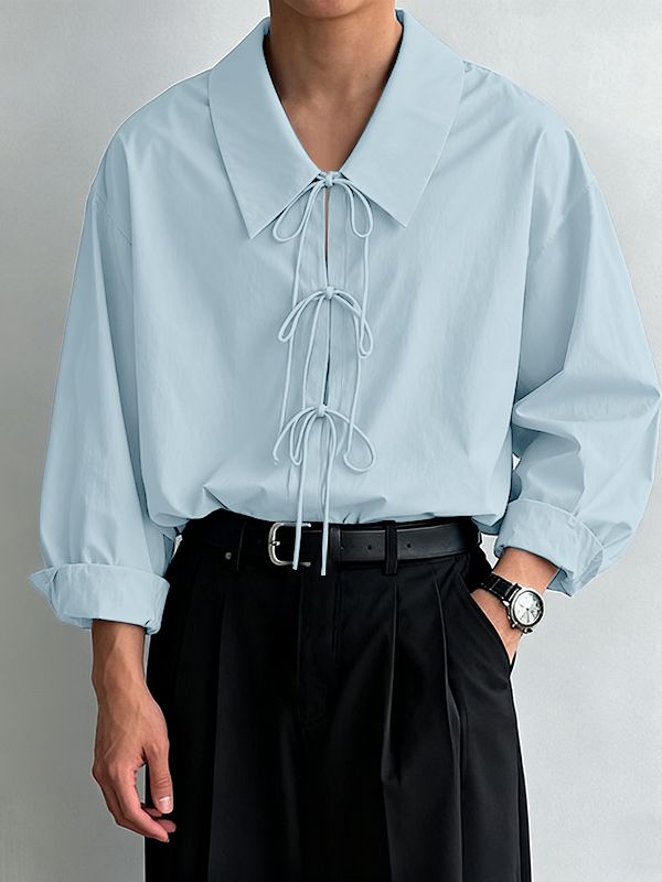 Men's Solid Color Lace Up Long Sleeve Shirt SKUL45166