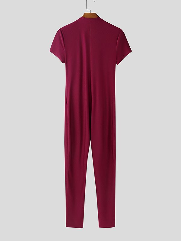 Men's Slim Fit Crew Neck Zipper Short Sleeve Bodysuit SKUL48656