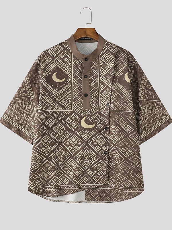 Men's Crescent Moon Geometric Print Asymmetric Placket Short Sleeve Shirt SKUL61012