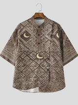 Men's Crescent Moon Geometric Print Asymmetric Placket Short Sleeve Shirt SKUL61012
