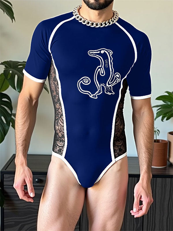 Men's Fun Print Lace Patchwork Bodysuit SKUL21288