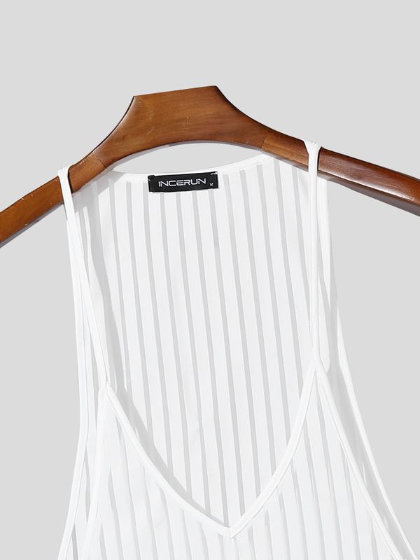 Men's Sexy Sheer Vertical Stripe Low Cut Open Side Tank SKUL54612
