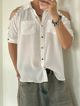 Men's Avant-Garde Riveted Cold-Shoulder Utility Short Sleeve Shirt SKUL54737