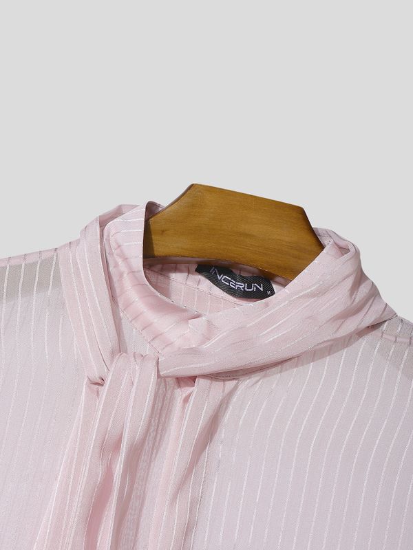 Men's Avant-Garde Sheer Pinstripe Pussy-Bow Neck Ties Oversized Short Sleeve Shirt SKUL66224