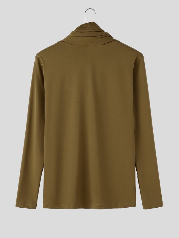 Men's Avant-Garde Early Autumn Built-in Scarf Drape Slim Long Sleeve Cowl Neck T-shirt SKUL81735