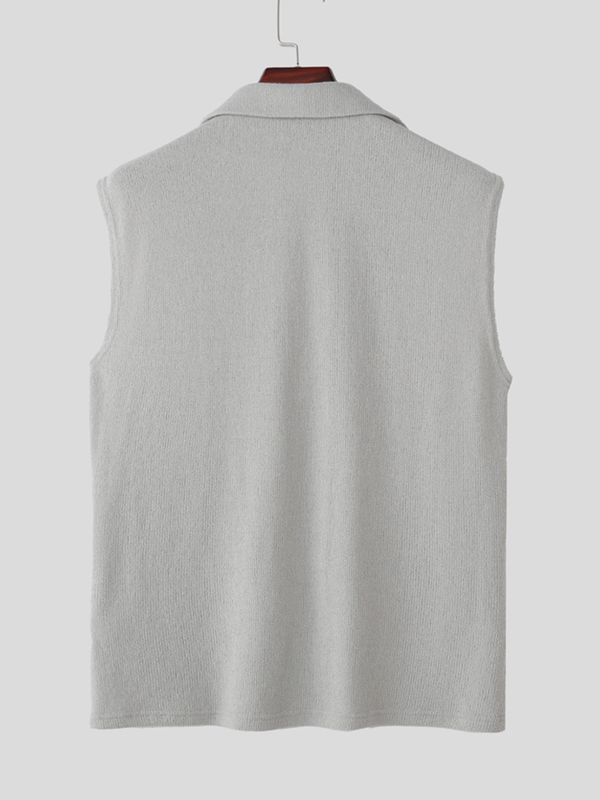 Men's Avant-Garde Retro Open Placket Deep V-Neck Ribbed Fitted Sleeveless Polo Tank SKUL73668