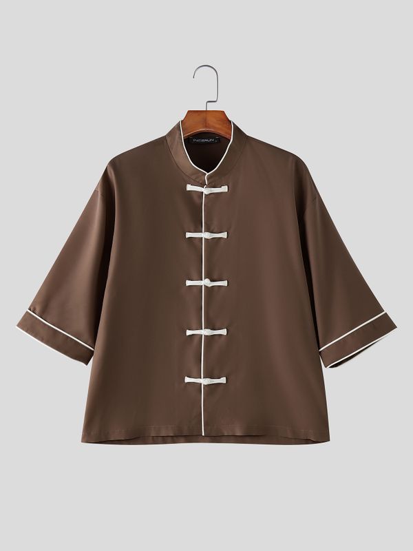 Men's Vintage Casual Lightweight Contrast Piping Frog Button Open Collar Short Sleeve Shirt SKUL55390