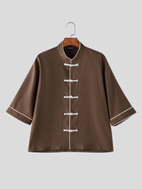 Men's Vintage Casual Lightweight Contrast Piping Frog Button Open Collar Short Sleeve Shirt SKUL55390
