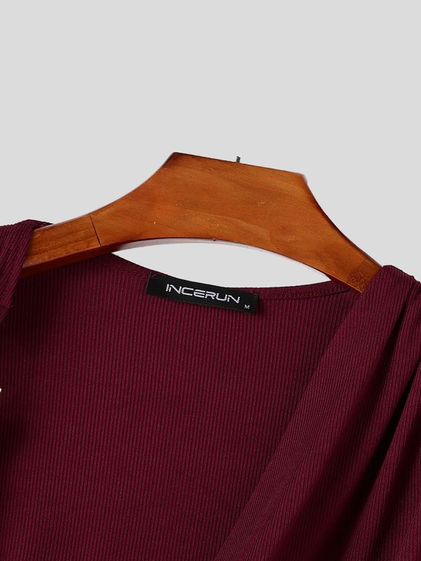 Men's Clean Fit Cocktail Party Metal Ring Accent Draped Ruched Muscle Fit Long Sleeve Asymmetric Neck T-shirt SKUL83113