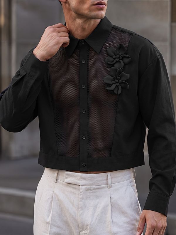 Men's Avant-Garde Sheer Mesh Panel 3D Floral Applique Cropped Shirt SKUL75674