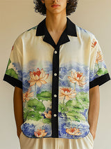 Men's Lotus Print Color Block Short Sleeve Shirt SKUL18779