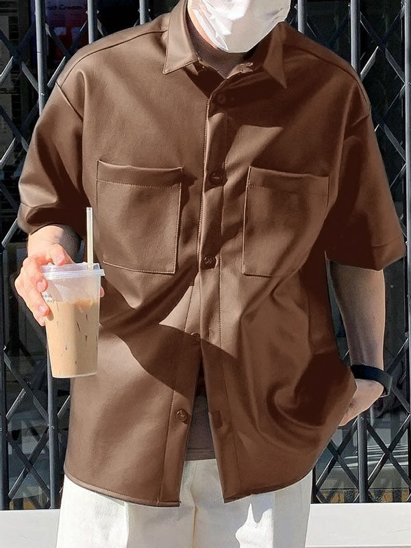 Mens Faux Leather Double Pocket Short Sleeve Shirt SKUL00890