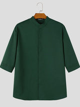 Men's Minimalist Clean-Fit Daily Commute Concealed Placket Mandarin Collar 3/4 Sleeve Shirt SKUL84679