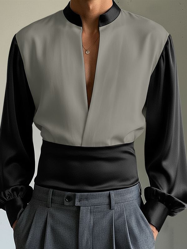 Men's Color Block Stand Collar Long Sleeve Shirt SKUL43992