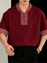 Men's Vintage Casual Frog Button Striped V-Neck Short Sleeve Shirt SKUL60236