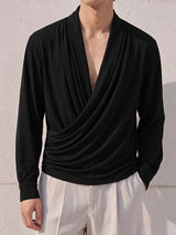 Men's Retro Criss Cross Wrap Front Ruched Drape Long Sleeve Plunging V-Neck T-shirt SKUL82418