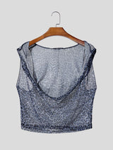 Men's Sexy Avant-Garde Leopard Print Deep V-Neck Cowl Neck Hooded Crop Tank SKUL67092