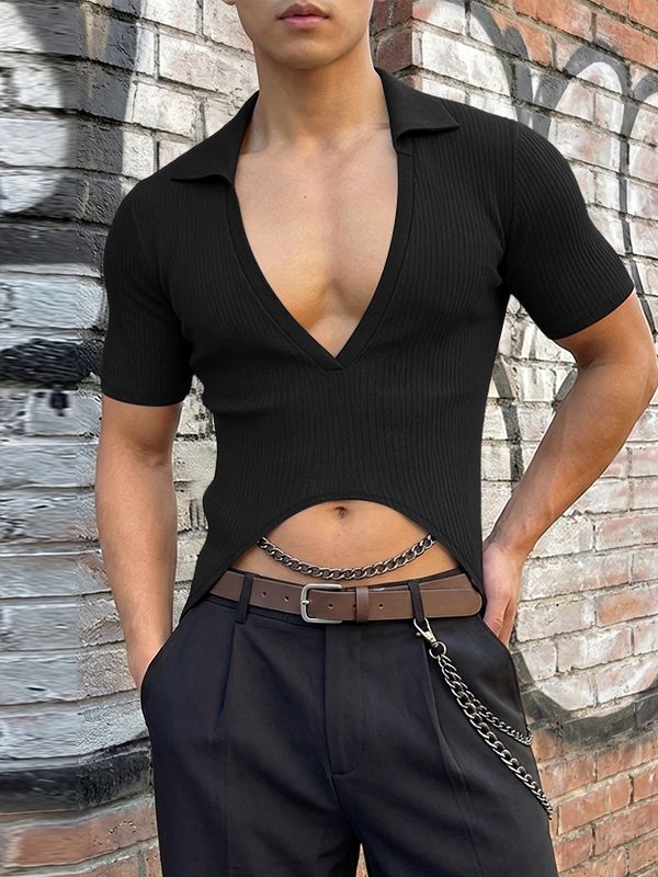 Men's Solid Color Textured Lapel Short Sleeve Shirt SKUL57814