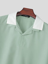 Men's City Boy Contrast Collar Dropped Shoulder V Neck Short Sleeve Shirt SKUL73770