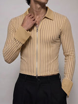 Men's Avant-Garde Sheer Striped Zip-Up Cropped Long Sleeve Shirt SKUL78346