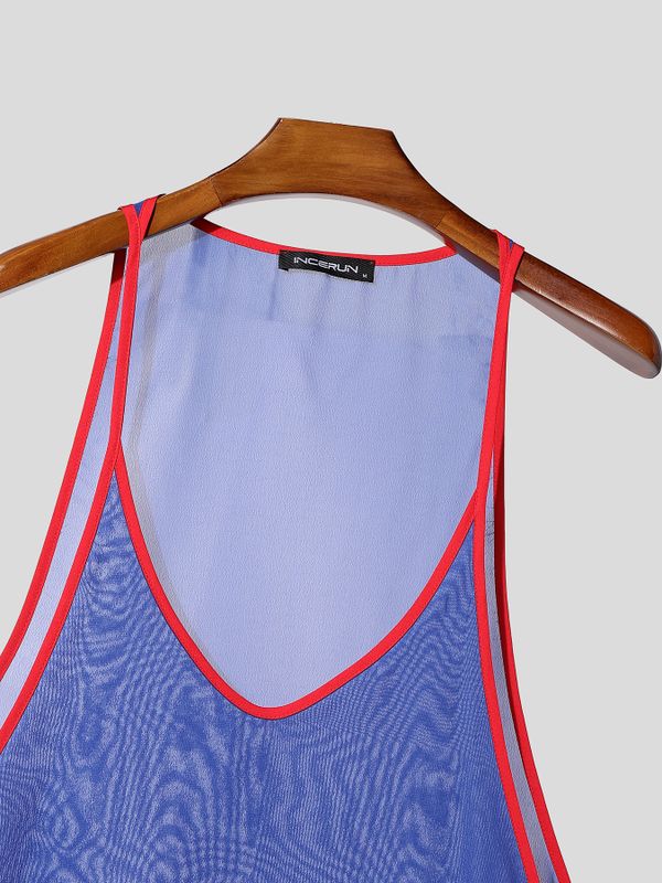 Men's Sexy Contrast Binding Ultra-Thin Strap Deep Cutout Mesh Fitted Gym Tank SKUL72673