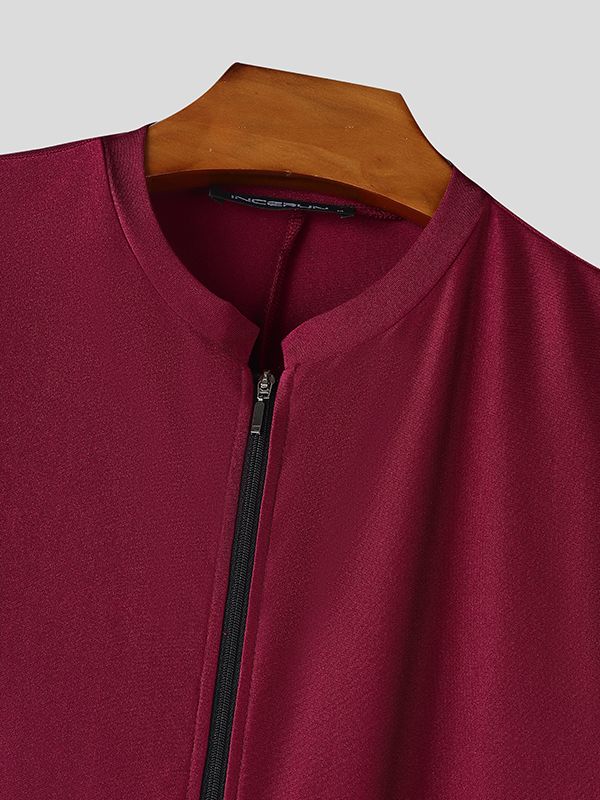 Men's Slim Fit Crew Neck Zipper Short Sleeve Bodysuit SKUL48656