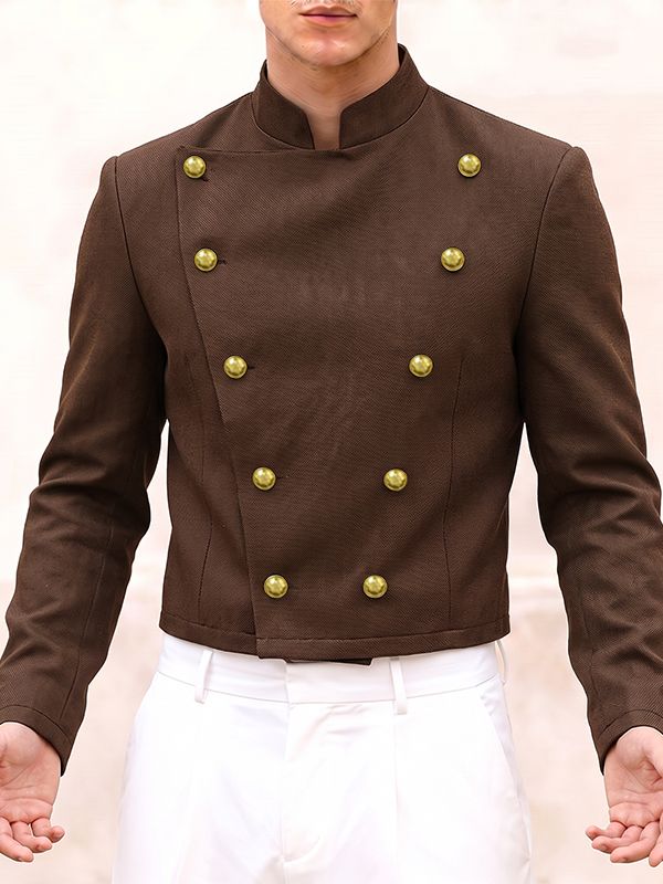 Men's Avant-Garde Retro Military Double-Breasted Gold Button Long Sleeve Stand Collar Cropped Jacket SKUL82410