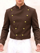 Men's Avant-Garde Retro Military Double-Breasted Gold Button Long Sleeve Stand Collar Cropped Jacket SKUL82410