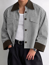 [Pre-order] Men's Retro Minimalist City Walk Contrast Collar Striped Flap Pocket Cropped Shirt SKUL88424