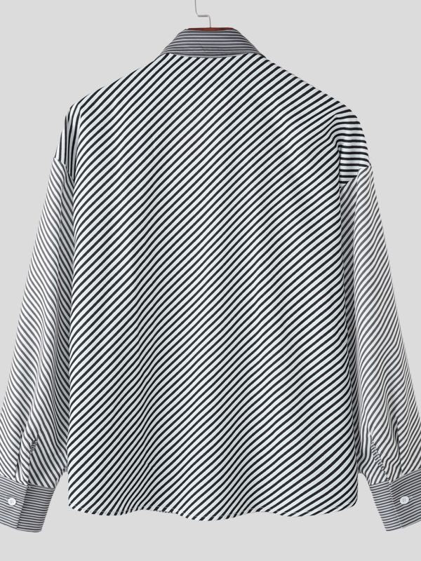 Men's Stripe Tie Patchwork Long Sleeve Shirt SKUL30561