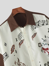 Men's Vintage Japanese Cityboy Cat Graphic Contrast Stitching Short Sleeve Shirt SKUL63833