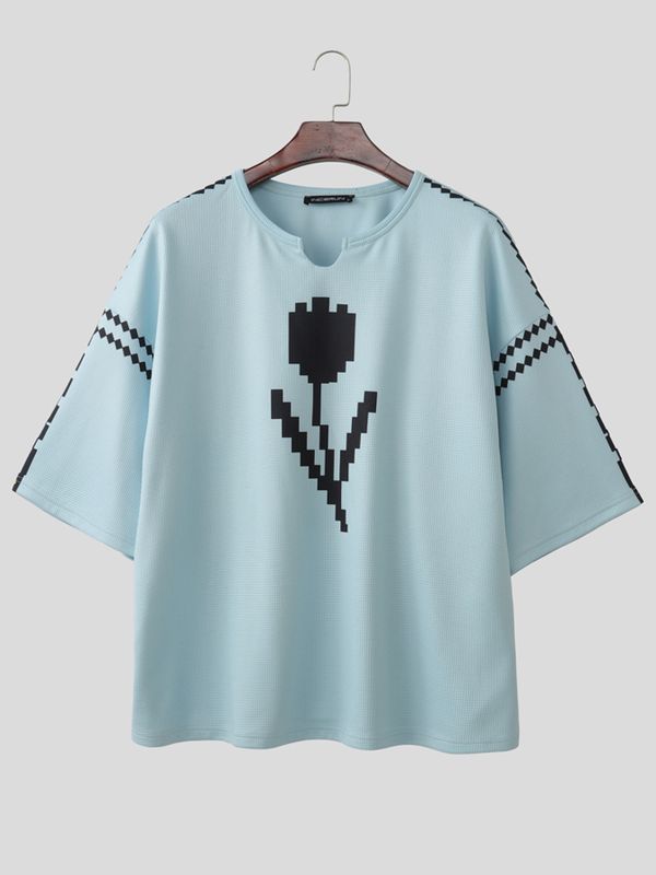 Men's High Street Retro Pixel Art Tulip Graphic Notch Neck Relaxed Knit T-shirt SKUL62117