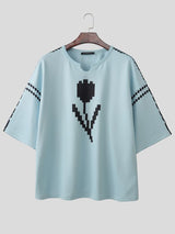 Men's High Street Retro Pixel Art Tulip Graphic Notch Neck Relaxed Knit T-shirt SKUL62117