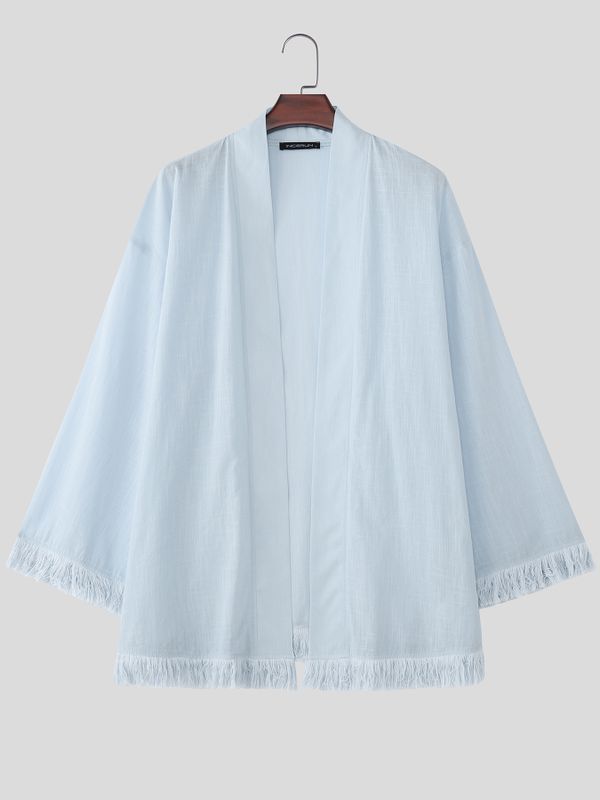 Men's Modern Neo-Chinese Deconstructed Fringe Hem Relaxed Kimono Cardigan SKUL72501