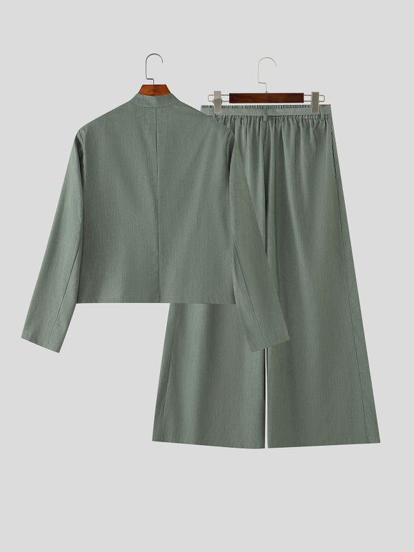 Men's Avant-Garde Zen Cropped Mandarin Collar Two Pieces Outfit SKUL77982