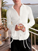 Men's Solid Color Textured Flared Sleeve Ribbon Shirt SKUL47938