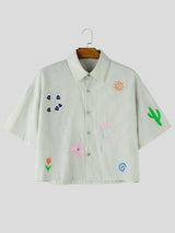 Men's Avant-Garde Whimsical Embroidered Cropped Pinstripe Short Sleeve Shirt SKUL74579