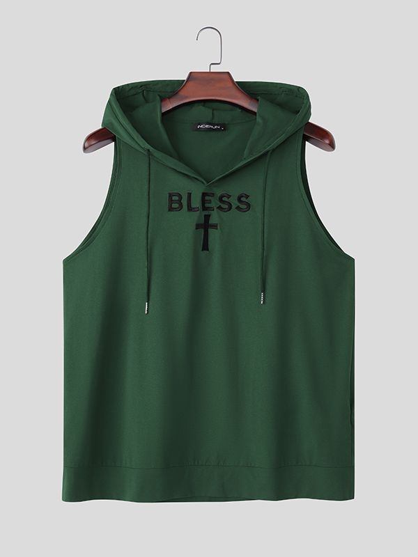 Men's American High-Street BLESS Cross Graphic Fitted Hooded Tank SKUL73205
