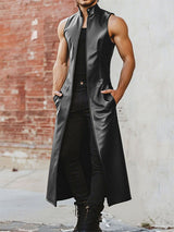 Mens Faux Leather Stand Collar Long Hem Waistcoat SKUL25751