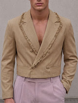 Men's Avant-Garde Cocktail Party Raw Fringe Trim Double Breasted Long Sleeve Cropped Blazer SKUL78334