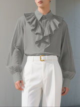 Men's Solid Color Ruffled Patchwork Long Sleeve Shirt SKUL31904