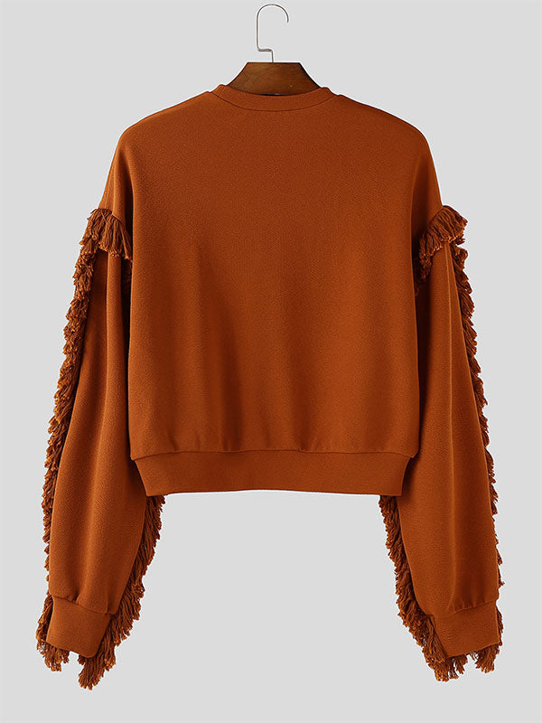 Men's Tassel Patchwork Cropped Long Sleeve Sweatshirt SKUL27424