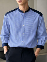 Men's Casual Striped Contrast Color Patchwork Stand Collar Three Quarter Sleeve Shirt SKUL76751
