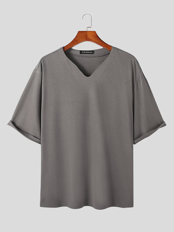 Mens Solid V-Neck Short Sleeve Casual T-Shirt SKUK05190