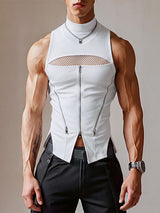Men's Y2K Cyber-Avant Mesh Cutout Multi-Zipper Mock Neck Fitted Tank SKUL64188