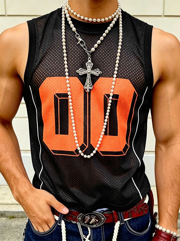Men's High Street Retro Americana Mesh Translucent Number Graphic Slim Fitted Muscle Tank SKUL56150